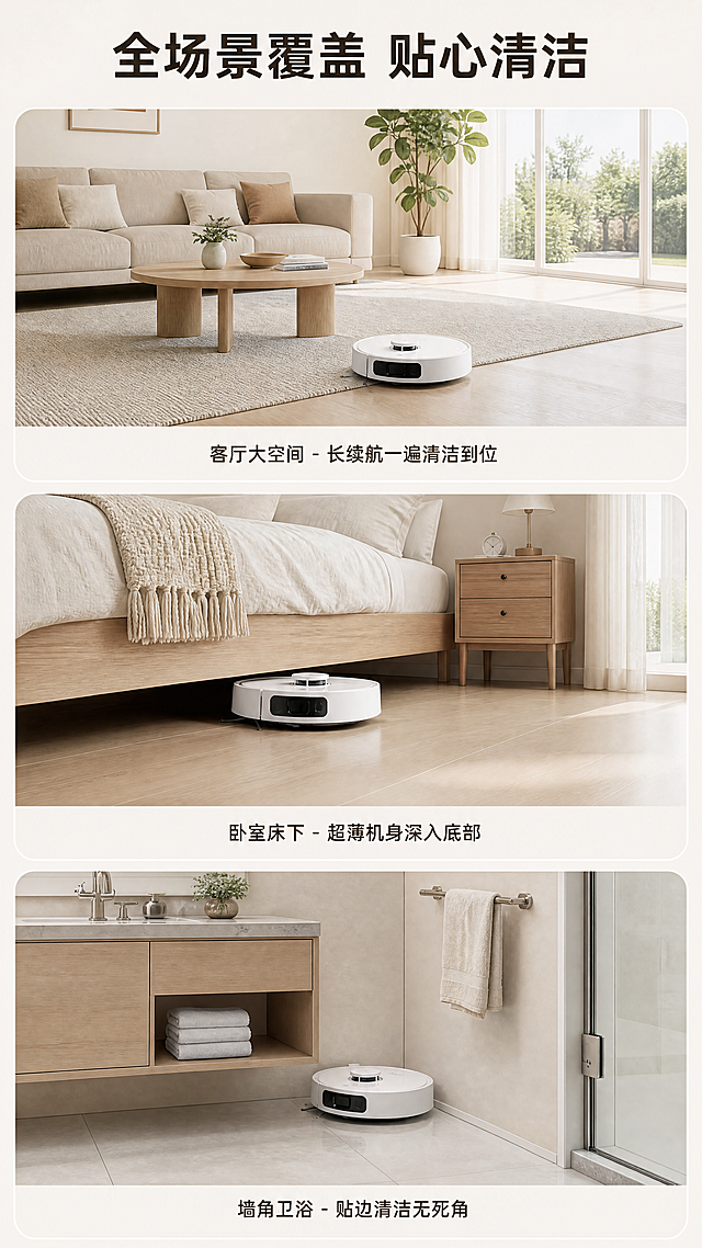 [第8屏] 本屏功能定义：J5Max智能扫地机器人多场景适配展示，展示不同居家环境使用效果。本屏保持和整套一致的浅色系简约风格。
[氛围/风格] 温馨居家风，实景场景搭配产品展示，自然生活化氛围感，保持整体明亮干净调性。
[元素布局] 分三格展示不同场景：客厅大空间、卧室、卫生间/边角区域，每个场景放入扫地机器人产品，保持产品白色外观和结构不变，每个场景搭配对应的环境元素，如沙发、床、浴室柜等，至少3种环境元素每个场景。
[光影质感] 每个场景自然采光，产品光影和场景环境融合自然，产品清晰突出，整体明暗层次舒适。
[配色色系] 全局底色：#F5F1EB（浅米色）；每个场景保留原有环境色调，整体低饱和度，不抢产品主体，保持和整套一致浅色调。
[视角构图] 纵向三格场景拼贴布局，每个场景独立成块，从上到下浏览，符合移动端竖屏观看习惯。
[文字版式] 顶部居中主标题 "全场景覆盖 贴心清洁"，每个场景下方标注场景名称和核心优势："客厅大空间 - 长续航一遍清洁到位"、"卧室床下 - 超薄机身深入底部"、"墙角卫浴 - 贴边清洁无死角"。标题大字号加粗，说明文字清晰，不遮挡产品主体，文字适配移动端清晰可读。
[比例分辨率] 9:16竖版比例，4K分辨率，文字清晰可辨，超高清。
[负向提示词] 产品变形，场景透视错误，颜色杂乱，文字模糊，水印，违规宣传。