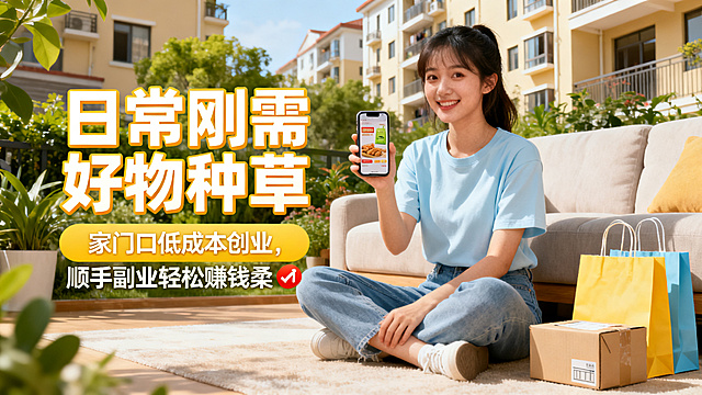电商副业团购宣传海报，尺寸比例16:9，主标题：日常刚需好物种草，副标题：家门口低成本创业，顺手副业轻松赚钱🔥 画面内容：年轻女生在家中客厅拿着手机展示团购好物，背景是温馨干净的社区生活场景，搭配购物袋和快递盒元素，整体风格轻快明亮，主副标题分明，排版清晰