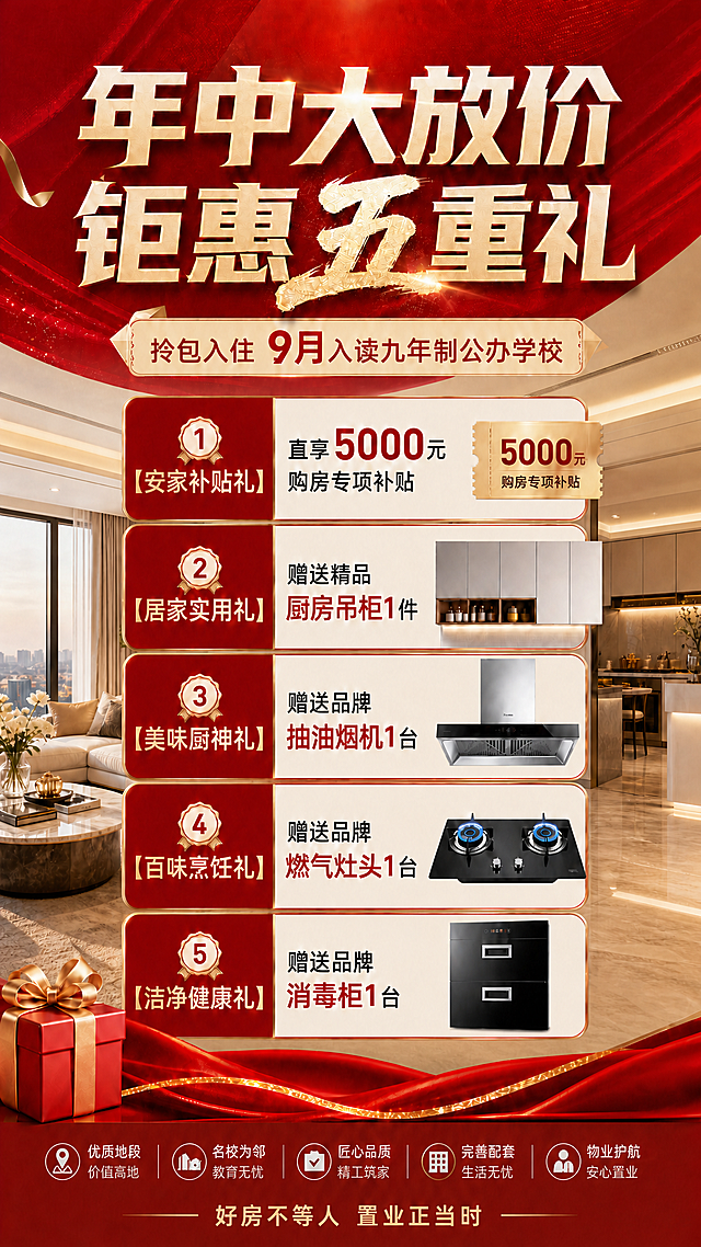 保留这张地产促销海报所有原有文字、产品图案和排版，只移除右下角写着"品质好房 臻席递减"的金色标签，保持其他内容不变，背景依然是精装修室内效果，9:16竖版