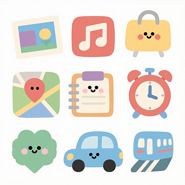 扁平风设计，卡通拟人化图标，可爱表情赋予日常物品生动趣味，适合儿童节主题。