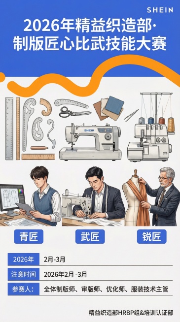 我在2026年2月到2026年3月要举办2026年精益织造部·制版匠心比武技能大赛，需要制作一个宣传海报；需要用类似上传图片那样的背景色调，风格需要比较正式商务，具备服装行业特性；表头是标题”2026预览效果
