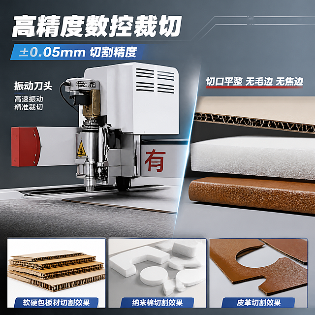 [主图-2] 切割精度与切口效果核心亮点图
[氛围风格] 专业工业技术风 硬核科技感
[画质] 4K高清工业摄影 细节锐利 质感真实
[元素] 画面左侧为振动刀切割机切割头局部特写 切割头金属结构清晰 振动刀头正在工作状态 右侧展示切割样品特写 软硬包板材切口平整光滑无毛边 纳米棉材料切面整齐 皮革裁切断面均匀 保持切割机外观结构与输入产品图一致 切割头部分精细化处理 背景浅灰色渐变 科技感线条装饰
[光影] 侧前方主光突出切割头金属质感 样品区域柔光均匀打亮切口细节 切口边缘高光清晰 体现平整无毛边效果
[配色] 主色深灰科技蓝 辅色金属银 红色点缀
[视角构图] 左侧切割头特写 右侧样品展示 左右分栏构图 视觉重心在切口细节
[文字版式] 顶部大标题高精度数控裁切 白色粗体大字 副标题±0.05mm切割精度 蓝色中号 左侧切割头旁标注振动刀头 高速振动 精准裁切 右侧样品上方标注切口平整 无毛边 无焦边 底部三张小图横排 分别展示软硬包板材 纳米棉 皮革切割效果 各带短标签
[输出要求] 1:1比例 文字清晰 超高清
[负向提示词] 变形 文字错乱 产品模糊 背景杂乱 水印 电商Logo