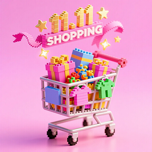 装满商品的购物车和“11.11 SHOPPING”，粉色背景