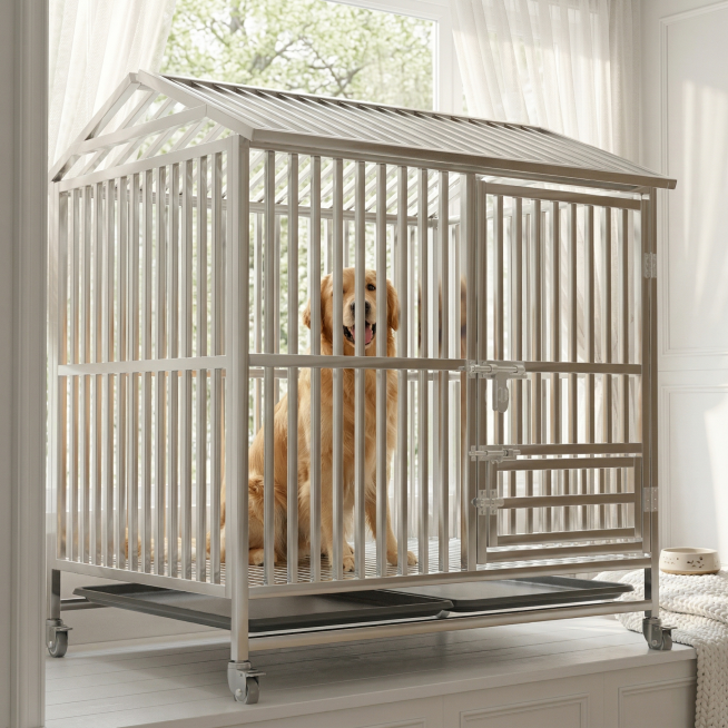 一张清新飘窗角落风的宠物用品场景图。主体是不锈钢狗笼，保持产品原有屋形不锈钢栅格带滚轮结构不变，保持物理结构不变，笼子里面有一只开心快乐的金毛犬。放置在白色卧室的飘窗位置，窗外是淡绿色树荫，阳光透过白预览效果
