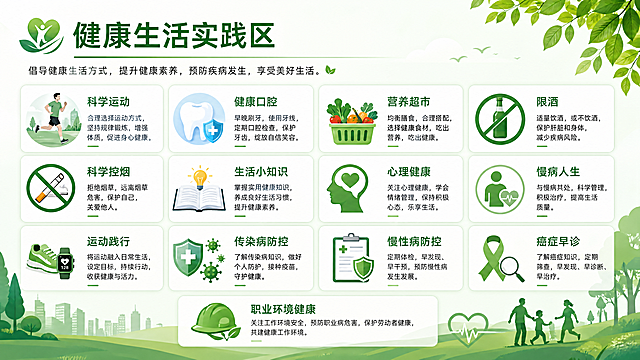 PPT内容页，标题：健康生活实践区，内容：包含科学运动、健康口腔、营养超市、限酒、科学控烟、生活小知识、心理健康、慢病人生、运动践行、传染病防控、慢性病防控、癌症早诊、职业环境健康，绿色健康科普风格，排版清晰