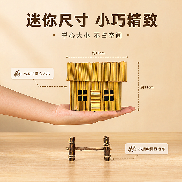 [商品] 使用【图2】迷你矛屋配小捆柴摆件；保留木屋主体造型、暖黄材质，保留小捆柴麻绳捆扎木桩造型，保留手持动作的真实比例关系；商品处理：自然修复手部皮肤质感，增强产品木质纹理，不改变产品造型和手持比例。
[画面] 目标：尺寸参照，直观展示产品迷你小巧的特点。构图：居中展示手部托举木屋，下方摆放小捆柴作对比，产品+手部占画面60%；背景暖米色渐变，底部浅木色台面；用虚线标注尺寸参照感。景别：中景，正面角度，阅读动线从上到下。
[视觉] 套系策略：风格=温馨治愈家居风商业摄影；标题字=阿里巴巴普惠体粗体；正文字=阿里巴巴普惠体常规体；主色=暖木黄；背景延展=基于暖木黄做深浅层级、同色渐变和细腻木纹/纸质质感；强调色=奶咖棕，仅用于小面积图标、引线和标签；标题色=深棕褐；正文色=中暖灰；组件=圆角浅底信息卡、细线引线、圆点装饰；光影=左前侧暖柔光，柔和自然阴影。
[文字] 上方主标题「迷你尺寸 小巧精致」，副标题「掌心大小 不占空间」，配2个说明「木屋约掌心大小」「小捆柴更显迷你」，文字横向排版，不遮挡产品和手部主体。
[规格] 图片比例1:1方版，4K分辨率，避免变形、错字、文字过小、冷蓝/冷灰背景、产品颜色改变、结构失真、极限词、违禁词、小标致图案。