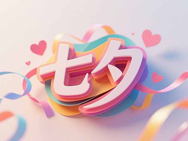 3D风大字“七夕”，液态彩带环绕，心形点缀，甜美梦幻，浪漫节日氛围。