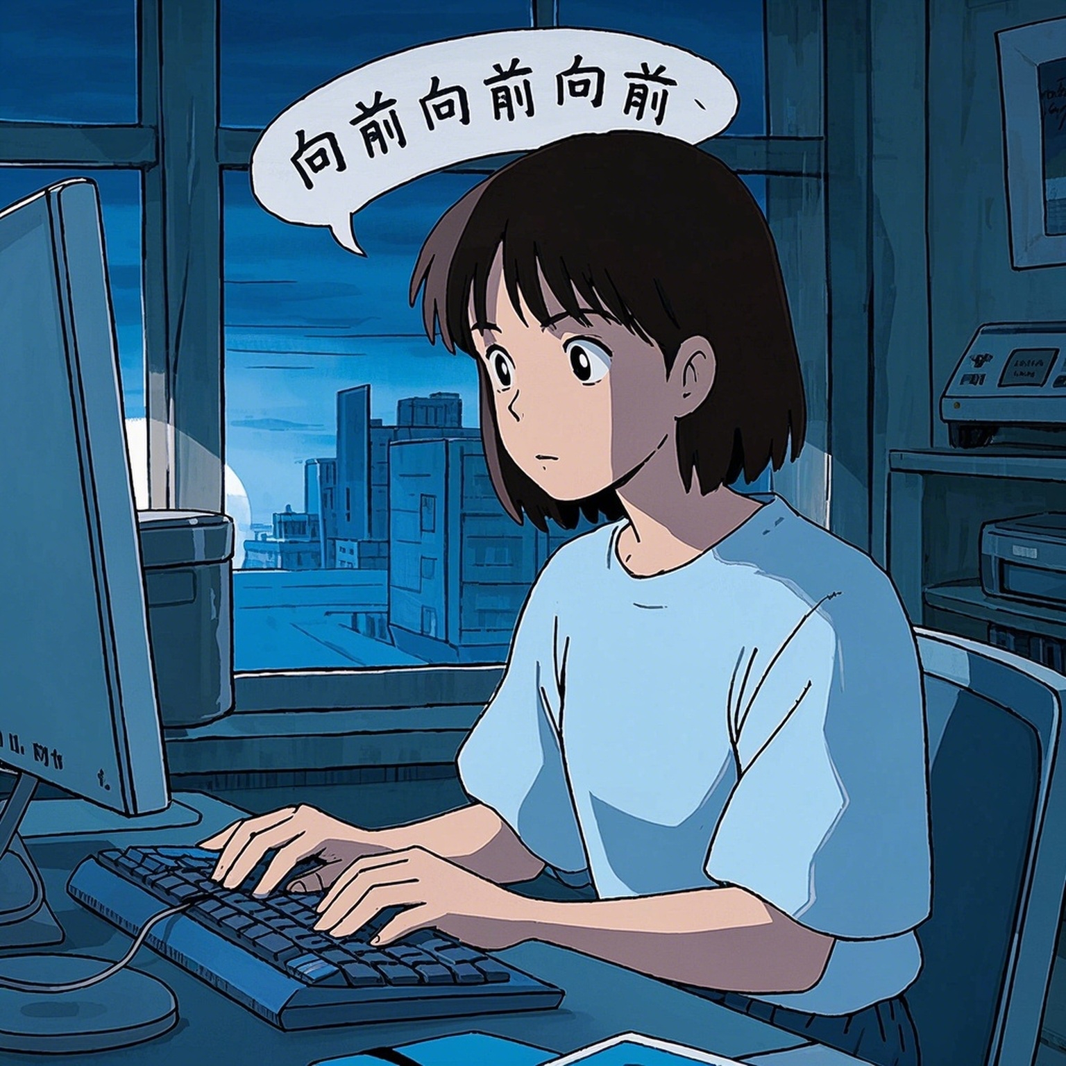 一个女孩对着电脑说：向前向前向前 - 图片创意预览