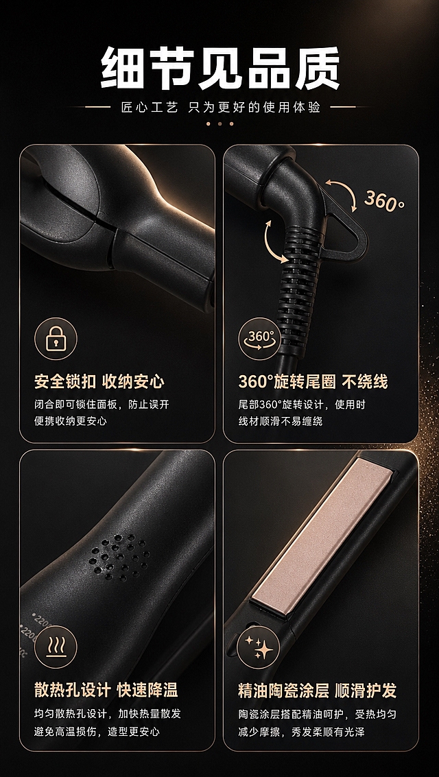 [商品] 使用【图6】【图7】【图8】烫发板各细节部位；保留安全锁扣结构、旋转尾圈、散热孔、面板边缘做工。
[画面] 目标：细节做工展示。构图：多细节宫格型，4格关键部位特写2x2排列，分别为锁扣细节、旋转尾圈细节、散热孔细节、陶瓷面板细节，每格配短标签说明。
[视觉] 套系策略：风格=深色科技轻奢商业摄影；标题字=现代无衬线粗黑体；正文字=简洁无衬线体；主色=深邃炭黑；背景延展=基于深炭黑做深浅渐变、同色系明暗层次和细腻磨砂金属质感；强调色=玫瑰金/香槟金，仅用于小面积图标、引线、标签和局部光效；标题色=纯白；正文色=浅银灰；组件=圆角半透明信息卡、细线引线、发光粒子；光影=右前侧暖金柔光+产品轮廓背光。
[文字] 顶部主标题「细节见品质」，4个细节分别为「安全锁扣 收纳安心」「360°旋转尾圈 不绕线」「散热孔设计 快速降温」「精油陶瓷涂层 顺滑护发」，每格下方配文字说明，文字横排。
[规格] 图片比例9:16竖版，4K分辨率，避免变形、错字、文字过小、冷蓝背景、产品颜色改变、结构失真、绝对化用语。