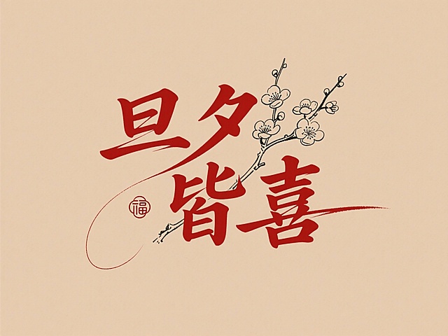 国潮风书法大字“旦夕皆喜”，配以水墨梅花枝，红印“福”字点缀，尽显中式喜庆韵味。