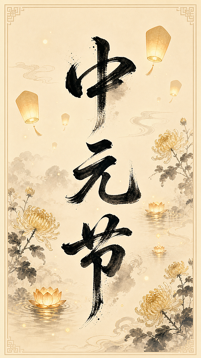 浅米黄色背景，背景框架为浅米黄色。平面艺术字体设计，三个字"中元节"，黑色艺术字，竖版竖向排列，从上到下依次为"中""元""节"。采用中式书法艺术字体，行书风格，笔势行云流水一气呵成，笔画带有飞白枯笔效果和墨色晕染质感，字形端庄肃穆又富有东方韵味。文字周围点缀着孔明灯、河灯、菊花等祭奠先祖的素材元素，孔明灯和河灯以淡雅的暖黄色微光呈现，围绕在文字四周作为装饰，营造追思祈福的氛围。装饰元素自然融入画面，不遮挡文字核心识别区。仅包含三个字："中"、"元"、"节"，不得增加、遗漏或替换任何一个字。文字整体必须完整呈现在画面内不可被裁切，四周留有安全边距。比例9:16竖版。