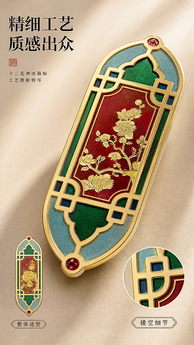 [第4屏] 工艺细节页-十二花神冰箱贴工艺微距特写，本屏使用【图1】做局部放大细节展示。
[氛围/风格] 特写质感高级风，突出金属工艺和材质细节，商业摄影清晰特写。
[元素布局] 画面中央放大展示冰箱贴花窗轮廓和烫金花卉局部细节，占据画面75%主体位置，保持原有红绿配色、金色描边、烫金花卉纹理和宝石点缀的细节特征。左侧加一张完整冰箱贴小图做位置参照，右下角保留花窗镂空结构局部特写，背景用浅棕色渐变突出主体细节。
[光影质感] 侧方打光突出金属烫金的凹凸肌理和光泽感，清晰展示纹路和轮廓边缘，阴影柔和，细节纹理清晰可辨。
[配色色系] 全局底色：#F0EAE2（浅棕渐变）；主体保持原红绿金色调，突出金属光泽。
[视角构图] 特写视角，主体细节居中，小图参照放左下角，构图聚焦细节，层次分明。
[文字版式] 左上角标题「精细工艺 质感出众」墨黑色，左下角完整图标注「整体造型」，右下角标注「镂空细节」，文字清晰不遮挡核心细节。
[比例分辨率] 9:16 竖版比例，4K分辨率，文字清晰可辨，超高清。
[负向提示词] 细节模糊，结构变形，颜色偏差，纹理丢失，背景杂乱，文字遮挡细节