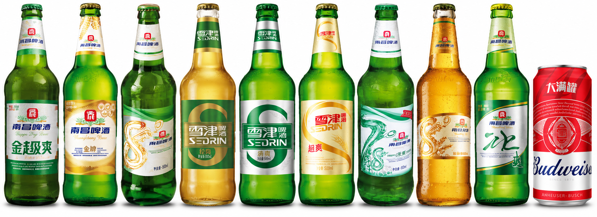 将图中所有啤酒瓶和易拉罐的角度统一调整为完全一致的正面朝向，所… - 图片创意预览