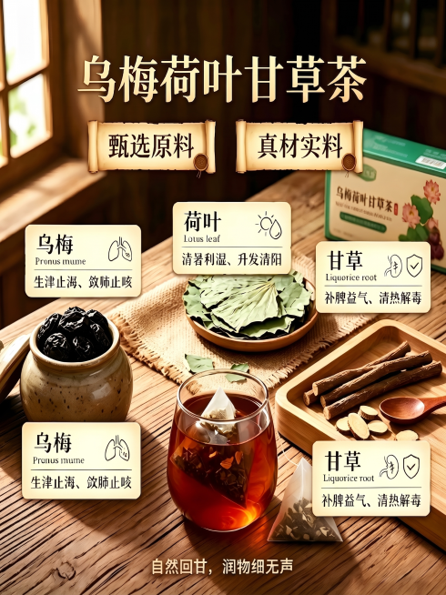 仅将图片主标题中的“乌梅荷叶甘草饮”改成“乌梅荷叶甘草茶”，其余所有内容、构图、风格都保持不变预览效果