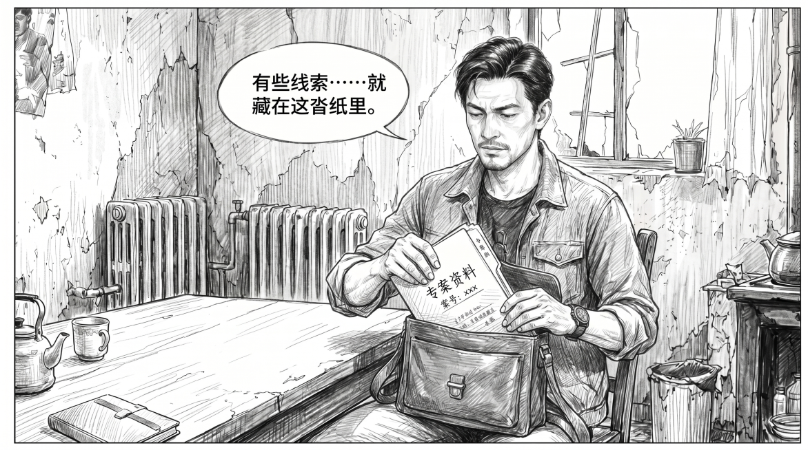 基于第一张图的便衣警官陈峰，绘制他坐在破旧出租屋桌子旁从斜挎包里拿出案件资料的分镜画面，整体风格完全匹配第二张图的精细铅笔素描漫画分镜风格，保留人物穿牛仔夹克牛仔裤的造型，保持和第二张图一致的横版构图预览效果