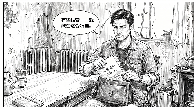 基于第一张图的便衣警官陈峰，绘制他坐在破旧出租屋桌子旁从斜挎包里拿出案件资料的分镜画面，整体风格完全匹配第二张图的精细铅笔素描漫画分镜风格，保留人物穿牛仔夹克牛仔裤的造型，保持和第二张图一致的横版构图、破旧房屋场景和绘画细节