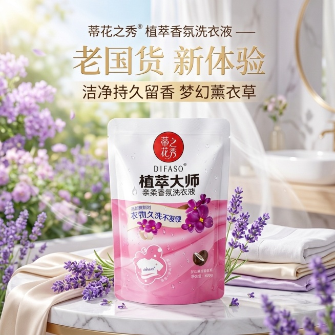 我是网店卖家，产品是我是网店卖家，产品是老品牌国货,蒂花之秀驰名商品袋装洗衣液，洗衣洁净，香味持久，根据你的经验帮我生成一个电商主图，提升一些洗衣液主体质感，切记不要出现网络违禁词,略微提升质感包装袋预览效果