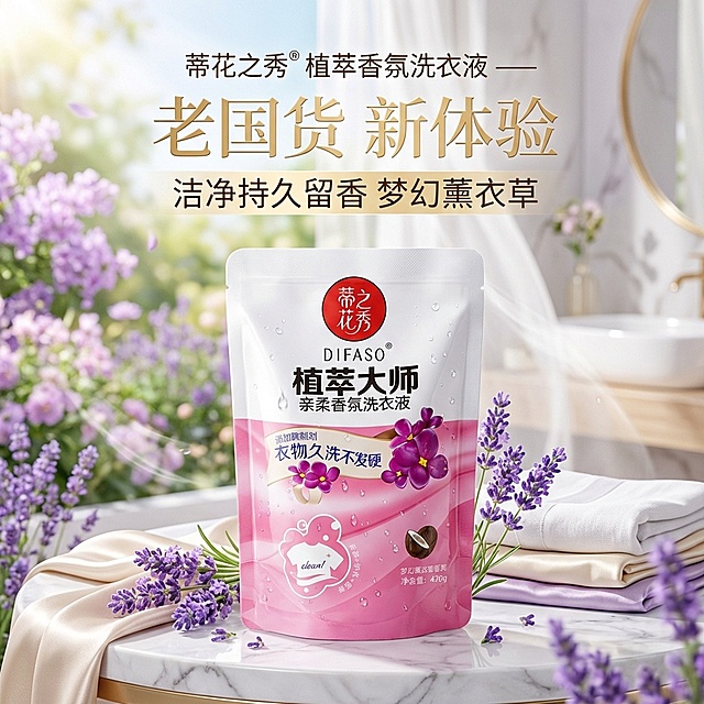 我是网店卖家，产品是我是网店卖家，产品是老品牌国货,蒂花之秀驰名商品袋装洗衣液，洗衣洁净，香味持久，根据你的经验帮我生成一个电商主图，提升一些洗衣液主体质感，切记不要出现网络违禁词,略微提升质感包装袋生成的包装主体不能改变，背景可以更换更适合产品的/高级背景要具有视觉冲击感，/图片分辨率大小保持在800*800的像素不变/图片大小不变/根据产品主推特点结合网络热销词汇生成主图产品标题