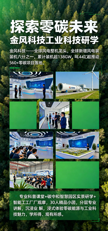 长宣传海报，整体风格现代科技风，绿色环保色调，主题为金风科技零碳能源研学活动。
海报顶部使用大字标题："探索零碳未来 金风科技工业科技研学"，
上方放置企业简介文案："金风科技——全球风电整机龙头，全预览效果