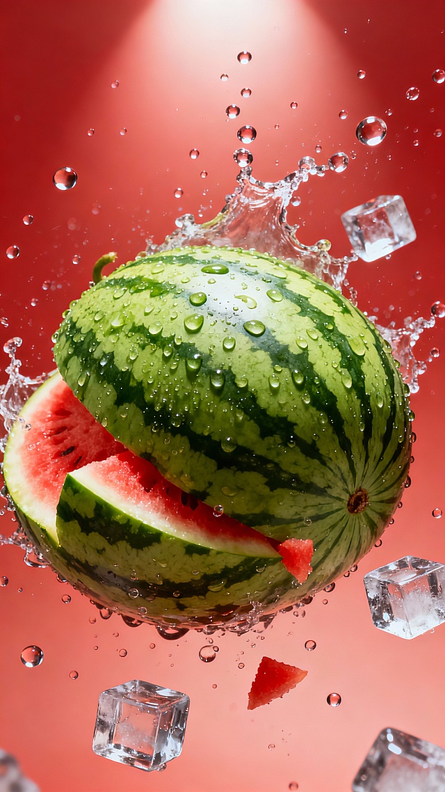 高清商业摄影风格，翠绿圆润的西瓜，部分切半的西瓜鲜红，部分散落，表面磨砂并附着水珠，与透明立方体冰块一同悬浮在柔和渐变的红色背景中，动态飞溅的水花及大量圆润水珠散布画面，光线从上方柔和照射，形成西瓜和冰块表面的高光与细腻阴影，整体营造出清凉、新鲜、富有活力的氛围，画面干净通透，色彩和谐统一，具有强烈的视觉冲击力和质感表现