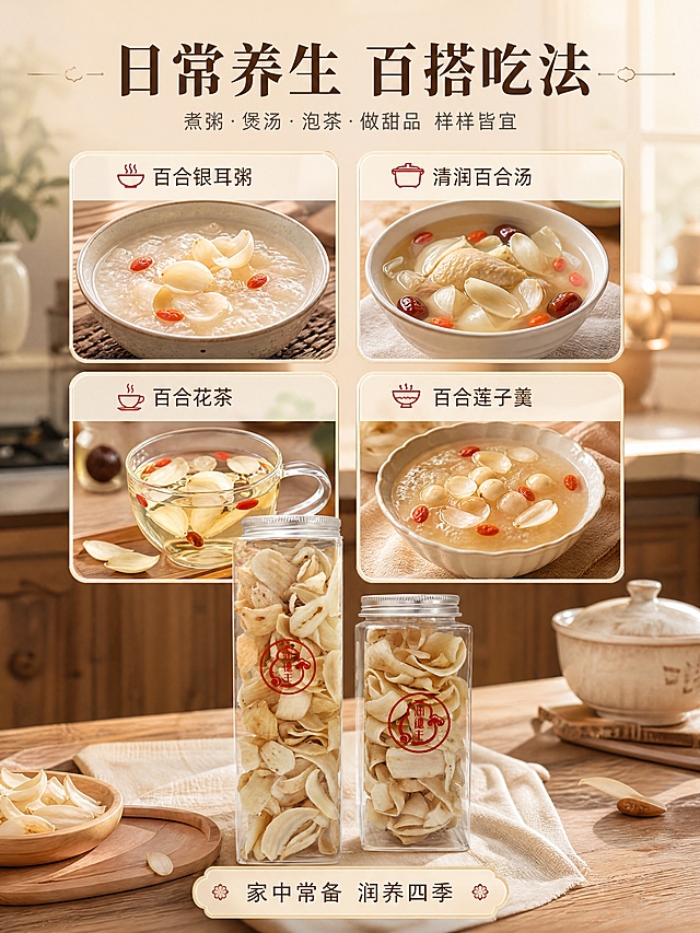 [商品] 使用【图4】双规格罐装百合干；保留透明方罐、银色旋盖、红色"润德丰"葫芦Logo及罐身文字，保留罐内百合干真实形态与颜色。
[画面] 目标：日常食用场景种草页，贴近家庭养生需求。构图：场景拼图型，2×2圆角卡片展示4种食用场景（百合粥/百合汤/泡茶/甜品），画面下方居中摆放双罐产品；前中后景：前景木质餐桌+餐具，中景4个场景卡片+产品罐，后景浅虚化中式厨房暖光背景。
[视觉] 套系策略：风格=中式温润养生商业摄影；标题字=宋体粗体（雅致有衬线）；正文字=简洁无衬线体；主色=暖米杏；背景延展=基于暖米杏做深浅层级、同色渐变和细腻宣纸/木纹质感；强调色=朱砂红（仅用于小面积图标、引线、价格标签）；标题色=深棕褐；正文色=中暖灰；组件=圆角米白底信息卡、细金线引线、中式小图标；光影=暖调自然光，厨房窗光感，柔和温馨。
[文字] 顶部主标题：日常养生 百搭吃法；副标题：煮粥·煲汤·泡茶·做甜品 样样皆宜；4个卡片分别标注：百合银耳粥·清润百合汤·百合花茶·百合莲子羹。底部产品旁配短句：家中常备 润养四季。文字全部横向排版。
[规格] 比例3:4竖版，4K分辨率，负向提示：避免冷蓝厨房、文字竖排、产品Logo不清、场景过度夸张、医疗功效暗示。