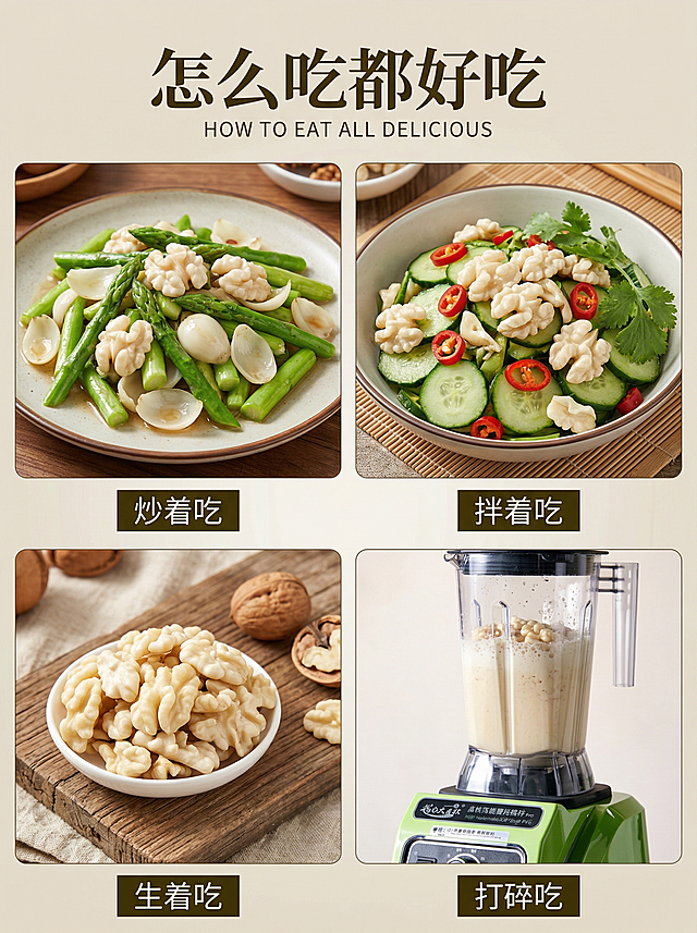 模仿参考图生成类似的核桃仁吃法宣传图，保留所有文字内容和标题“怎么吃都好吃”，四个吃法分区：炒着吃、拌着吃、生着吃、打碎吃，去掉右上角三个卡通小动物，所有出现的核桃仁都改成奶白色去皮效果，背景调整得更加真实自然，四个分区的菜品摆放和原图不一样，不生成完全相同的图片，尺寸为750×1000像素