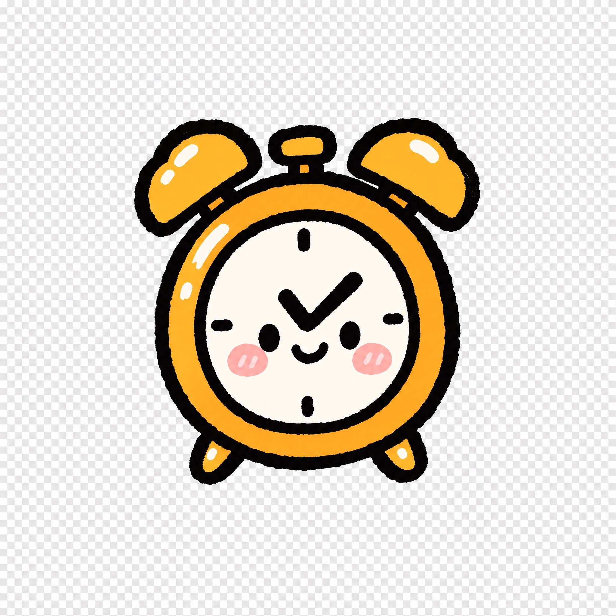 透明背景PNG，Q版笑脸闹钟，粗黑轮廓线，橙黄色闹钟，带着可爱… - 图片创意预览