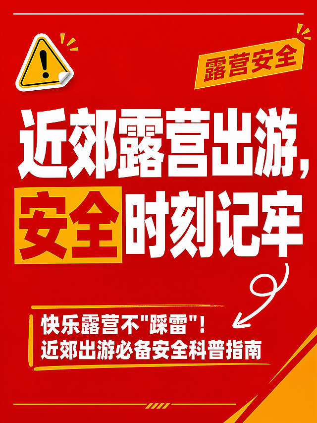 小红书笔记大字封面，纯大字，高饱和撞色警示风，版式精美，小红书笔记封面质感，适合信息流点击。主标题必须完整呈现且为画面视觉中心，逐字锁定：「近郊露营出游，安全时刻记牢」。主标题字号占画面约 55% 视觉权重，清晰可读，不得增删改字。副标题：「快乐露营不"踩雷"！近郊出游必备安全科普指南」。装饰角标：「露营安全」。背景：高饱和正红色纯色底，搭配少量橙黄色斜向色块切割，营造警示醒目感，非黄底。标题排版：采用纯大字 P02 高饱和撞色策略，白字扁平超粗黑体/sans（非 3D 立体、非金属渲染），部分关键词如「安全」加橙黄色矩形色块底增强对比，主标题分两行居中排列。装饰：左上角 1 个警示三角⚠️ emoji 小贴纸；右下角 1 个手绘白色弯曲箭头指向副标题；另加顶部细白色通栏线和底部细橙黄色装饰线，增加层次。禁止底部横排多个 emoji，禁止 emoji 塞入主标题字中间。整体氛围：安全警示、醒目有力、露营科普干货感。画质：高清细腻，红底白字强对比，信息层级清晰，文字完整处于安全区内不可裁切，四周留安全边距。画面比例 3:4，4K。
