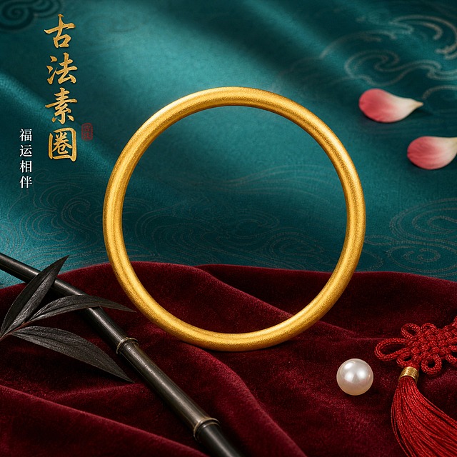 [主图-2] 古法平安福运手镯整体展示图，增加国风周边饰物点缀与色彩碰撞，着重展示手镯整体形态与质感，不做工艺细节放大描写。
[统一基调] 国风撞色风格，背景为孔雀蓝绿渐变的国风丝绸质感背景，带有暗纹水波纹；与首图统一撞色国风调性，色彩方案不同形成区分。
[画面] 古法黄金素圈手镯完整居中展示，正面平视角度，完整呈现素圈圆环的整体形态与圆润条杆，哑光磨砂金质感饱满，手镯主体占画面约55%为绝对重心；手镯下方铺垫一小块酒红色丝绒布作为衬托，手镯左侧斜放一支墨色竹枝带两片竹叶，右侧放置一颗圆润的白色珍珠和一小段红色流苏绳结，上方飘着两片渐变粉的花瓣；蓝绿、酒红、墨黑、珍珠白、粉、金多色碰撞，所有饰物围绕手镯布置，均为配角衬托主体。
[光影质感] 商业珠宝摄影质感，顶侧柔光+侧方补光，黄金哑光肌理细腻均匀，手镯整体形态圆润饱满，周边饰物有自然的光影与投影，层次丰富，色彩浓郁通透。
[配色] 背景孔雀蓝绿渐变，手镯黄金本色，点缀酒红、墨黑、珍珠白、粉色；强烈撞色对比，手镯主体醒目突出。
[文字版式] 画面左上角竖排排版，「古法素圈」四个烫金书法大字竖排，下方小字「福运相伴」白色细体；文字放在左上角负空间，不遮挡手镯主体。
[输出要求] 1:1正方形比例，手镯整体完整清晰，色彩碰撞有视觉刺激，周边饰物点缀丰富但主次分明，无变形无错字，无水印无平台Logo。