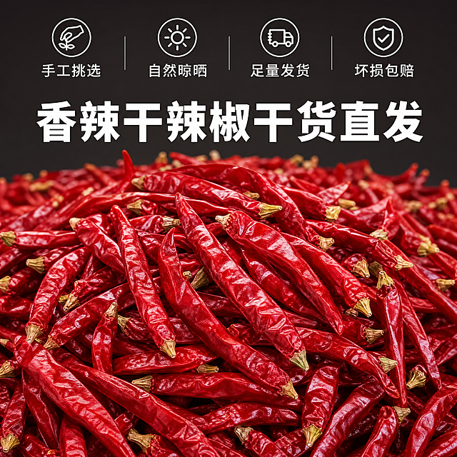 [主图-5] 服务承诺转化主图。[氛围风格] 简洁干净，增强信任，促进下单转化。[画质] 商业摄影质感，光线柔和通透，产品清晰真实，画面干净高级。[元素] 干红辣椒铺满画面下半部分和背景，自然错落摆放，留出上方区域给文案。保持干红辣椒外观、完整带柄形态、物理结构、材质质感、颜色与输入产品图绝对一致，杜绝任何变形和色差，精细化处理。商品主体占比约60%，画面满屏无边框。[光影] 均匀柔和自然光，整体明亮干净，文字区域清晰易读。[配色] 鲜红辣椒背景，上方叠加半透深灰蒙层，白色文字对比清晰。[视角构图] 中心构图，文字叠加在上方负空间，不遮挡主体辣椒。[文字版式] 上半区横向排列四个服务承诺：「手工挑选」「自然晾晒」「足量发货」「坏损包赔」，每个承诺配白色文字加小图标，整齐排列，底部大字写「香辣干辣椒干货直发」，白色粗体，文字不遮挡主体，清晰可读。[比例分辨率] 1:1比例，2k分辨率，文字清晰可辨，超高清。[负向提示词] 变形，水印，文字错乱，产品图模糊，背景杂乱，绝对化用语。