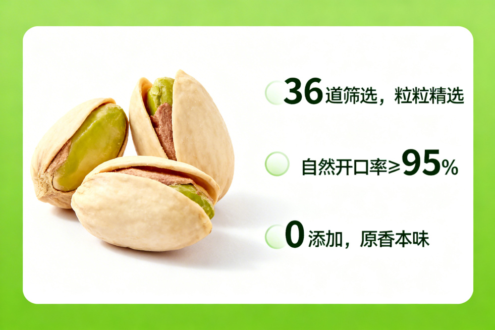 开心果核心卖点展示图，左侧是三颗饱满的原色开心果，右侧分三点列出核心卖点：“36道筛选，粒粒精选”“自然开口率≥95%”“0添加，原香本味”，字体采用简洁的无衬线体，绿色与白色搭配，清晰明了预览效果