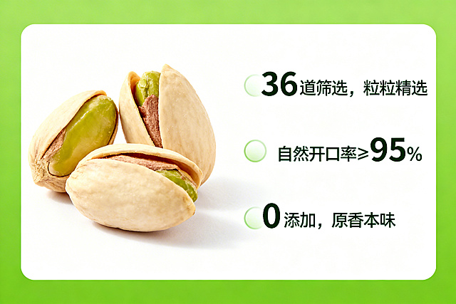 开心果核心卖点展示图，左侧是三颗饱满的原色开心果，右侧分三点列出核心卖点：“36道筛选，粒粒精选”“自然开口率≥95%”“0添加，原香本味”，字体采用简洁的无衬线体，绿色与白色搭配，清晰明了