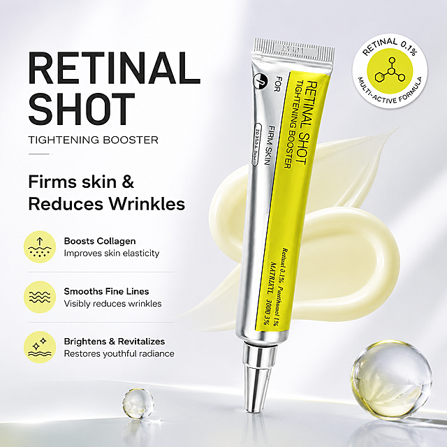电商主图图文并茂，这款视黄醇眼霜，添加英文标题"RETINAL SHOT"和功效说明"Firms skin & Reduces Wrinkles"，简约高级背景，专业美妆设计