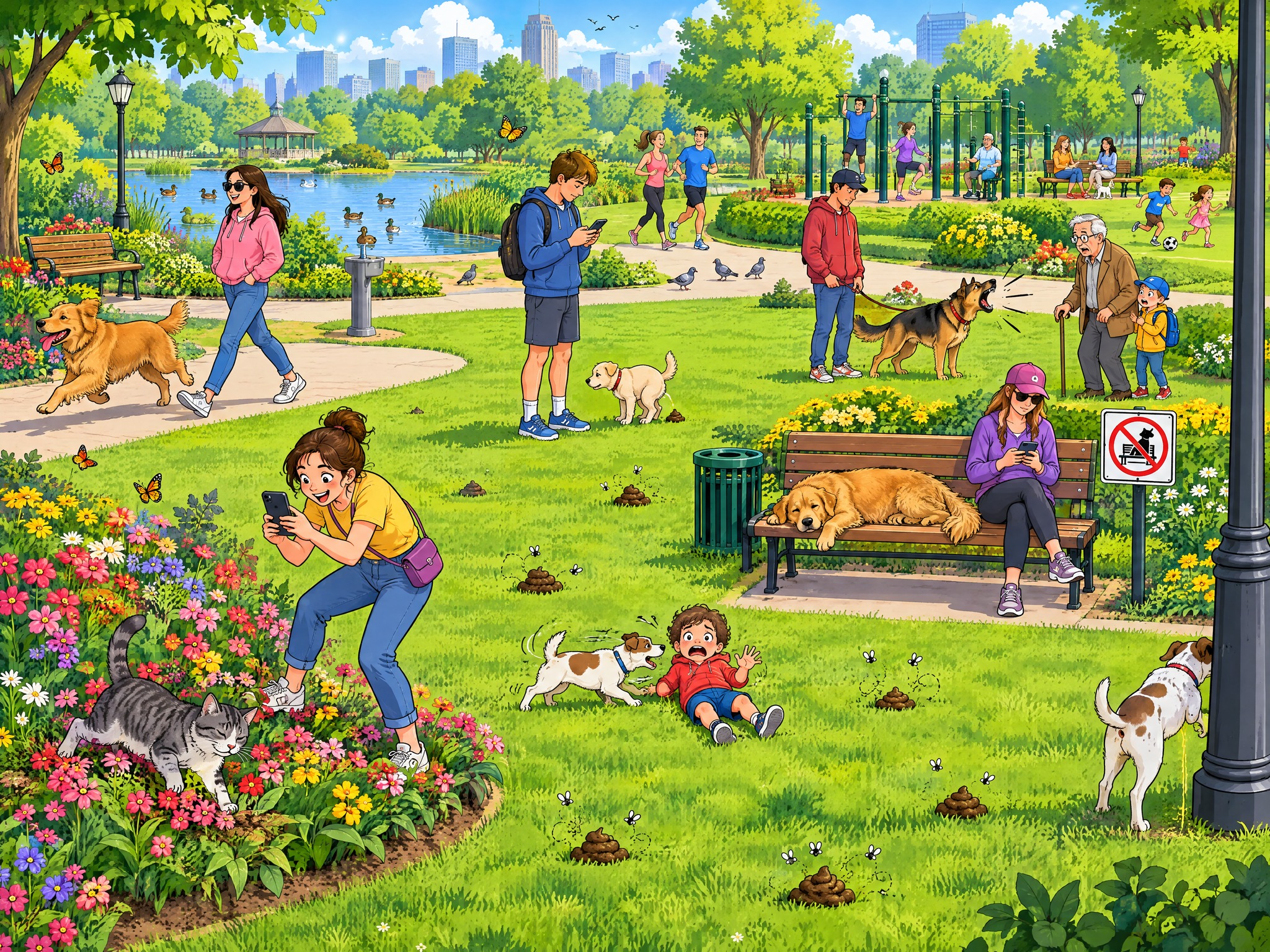 一张卡通插画风格的城市公园场景图，用于找茬游戏，画面细节丰富、… - 图片创意预览
