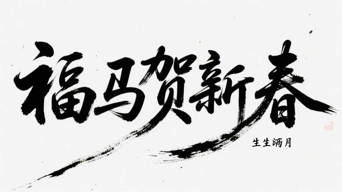 参考图中黑色字体的字形，生成文字“福马贺新春”，白色背景。字形增加粗细变化和一些拖尾预览效果