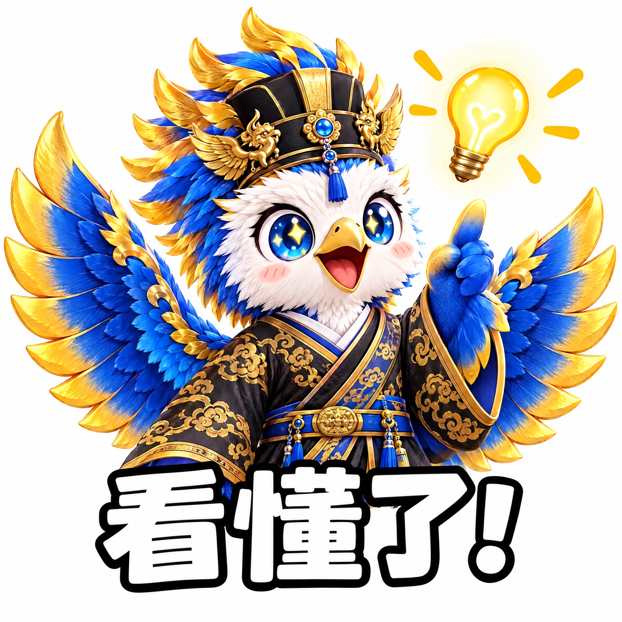 参考图中的蓝金鹰形神兽（穿黑金汉服、展翅），做成可爱表情包风格… - 图片创意预览