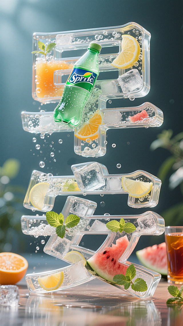 透明玻璃形成的3D艺术立体字“早安”字。透明玻璃形成的文字里面有冒着泡泡的雪碧、冰块、橙汁、红茶巧妙融合构成，西瓜，柠檬片，薄荷，字体轮廓细节丰富完美，字体光影质感超精细，看上去非常的清凉