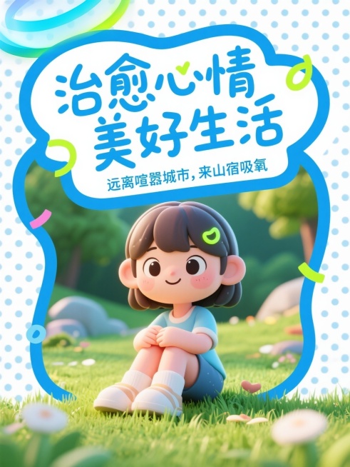 大标题“治愈心情美好生活”，稚嫩手写质感，字体夸张且醒目，小字“远离喧嚣城市，来山宿吸氧”围绕标题字一圈，背景是蓝白漫画网点质感，一个动漫女孩坐在草地上，蓝色不规则粗线条框住画面，有荧光色表情装饰点缀预览效果