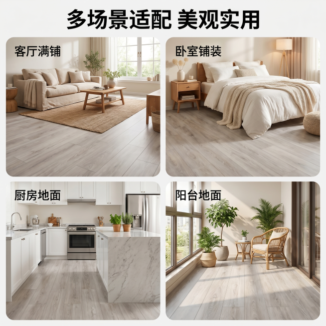 [主图-4] spc锁扣地板多场景适配展示
[氛围风格] 温馨自然生活化，不同空间真实展示
[画质] 商业摄影质感、光线柔和通透、产品清晰真实、画面干净高级
[元素] 四宫格统一圆角样式展示四个适配场预览效果