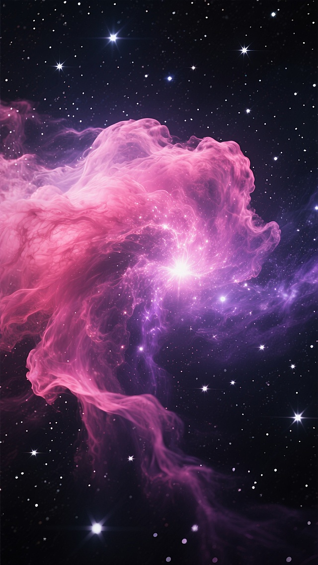 超高清宇宙星空背景，深邃的黑色太空布满闪烁的白色星星，中央是梦幻般的星云，呈现出明亮的粉红色和深邃的紫色交织的色彩渐变，星云形态如同飘逸的丝绸，边缘柔和模糊，内部有明亮的光点和光芒四射的区域，整体光影效果梦幻而神秘，营造出宁静而壮丽的宇宙氛围，高对比度，细节丰富，色彩饱和，具有强烈的视觉冲击力。