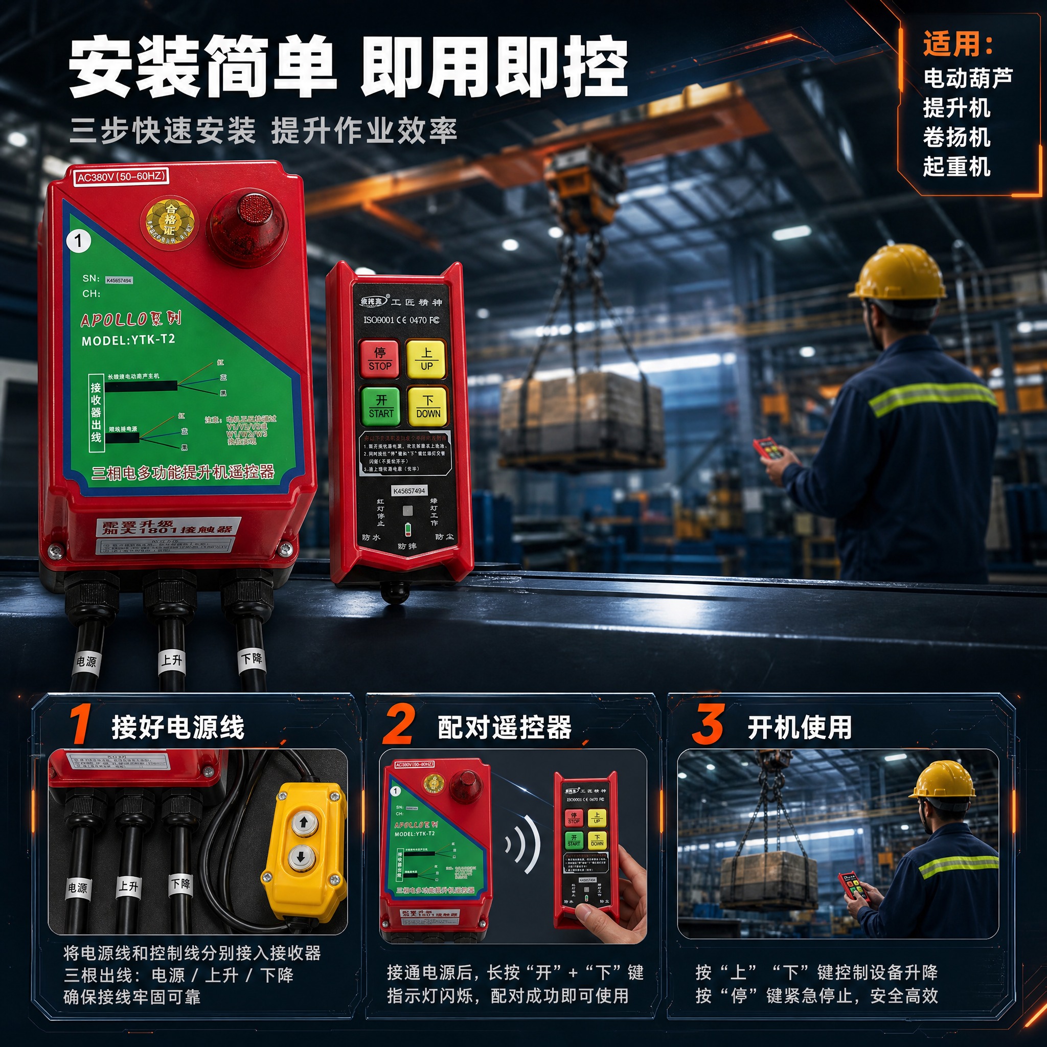 [主图-4] 场景适用与安装操作图，展示提升机遥控器在工地厂房… - 图片创意预览
