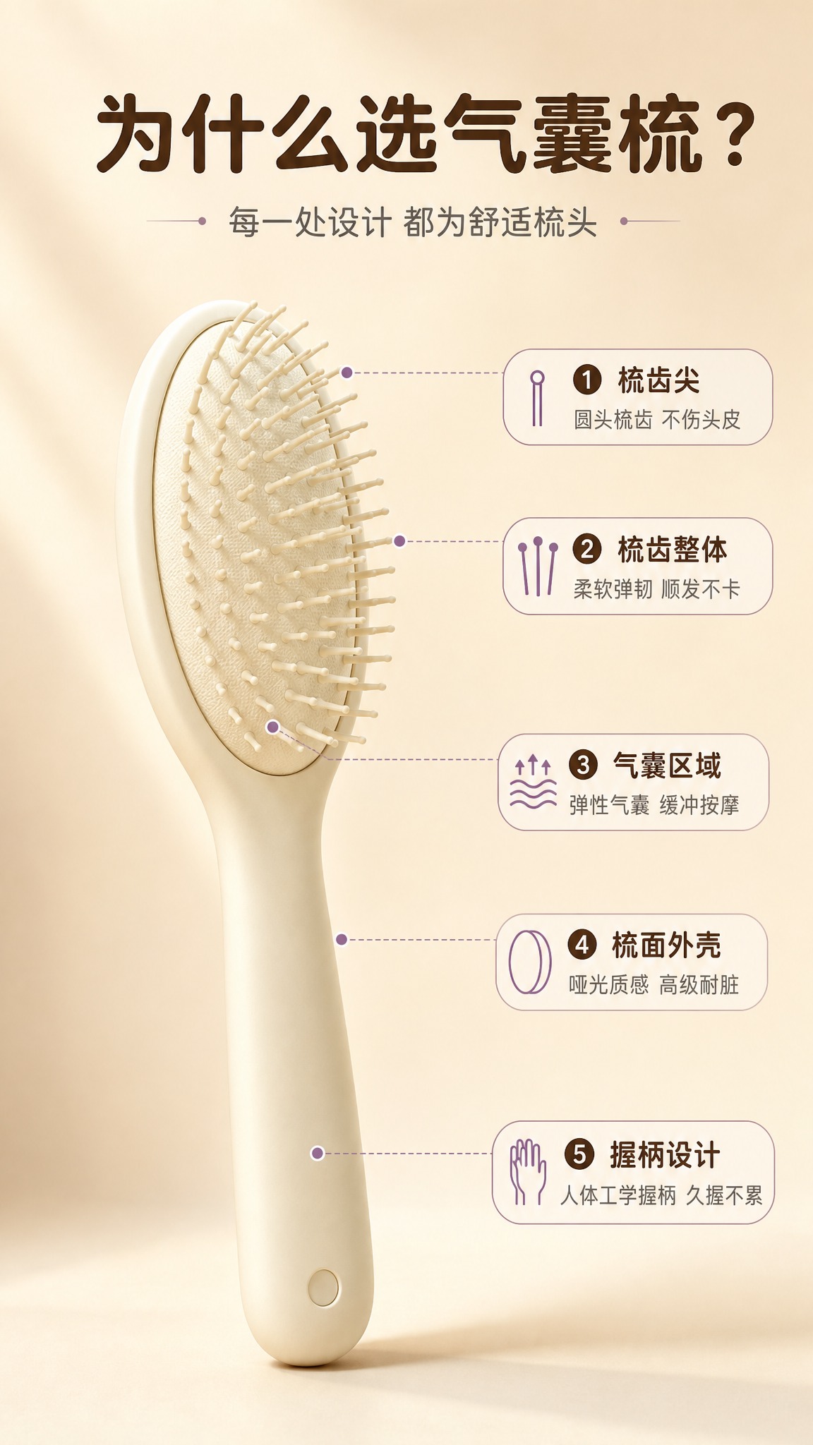 [商品] 使用【图1】奶白色椭圆长柄气囊梳；保留椭圆梳面、圆形… - 图片创意预览