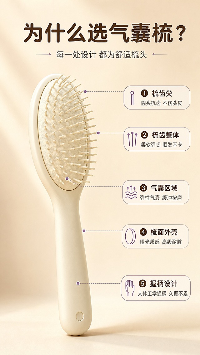 [商品] 使用【图1】奶白色椭圆长柄气囊梳；保留椭圆梳面、圆形气囊、柔软梳齿、长柄握把、底部小圆点、哑光奶白材质和整体比例结构；产品正面微侧展示，梳齿清晰可见。
[画面] 目标：核心结构解析页，拆解气囊梳关键部件及用户收益。构图：产品居中偏左占画面55%，右侧及周围引线标注关键部位。景别：中景偏特写。阅读动线：从产品向四周扩散。前中后景：前景产品主体、中景引线与文字标签、后景奶杏色渐变背景。场景：纯净影棚场景，突出产品结构细节。
[视觉] 套系策略：风格=奶杏暖调极简高级商业摄影；标题字=圆润粗黑体；正文字=简洁无衬线体；主色=奶杏米白；背景延展=基于奶杏米白做深浅层级、同色渐变和细腻磨砂/纸张质感；强调色=豆沙紫，仅用于小面积图标、引线和标签点缀；标题色=深暖棕；正文色=中暖灰；组件=细线引线+圆角信息标签；光影=左前侧45度暖柔光，右侧柔和补光，底部自然投影。
[文字] 顶部主标题"为什么选气囊梳？"，副标题"每一处设计 都为舒适梳头"；从产品引出5条细线标注：①梳齿尖→"圆头梳齿 不伤头皮"，②梳齿整体→"柔软弹韧 顺发不卡"，③气囊区域→"弹性气囊 缓冲按摩"，④梳面外壳→"哑光质感 高级耐脏"，⑤握柄→"人体工学握柄 久握不累"；文字全部横向排版，层级清晰，手机端可读。
[规格] 图片比例9:16竖版，4K，medium。避免变形、错字、文字过小、冷蓝/蓝灰背景、产品颜色改变、结构失真、绝对化用语。
