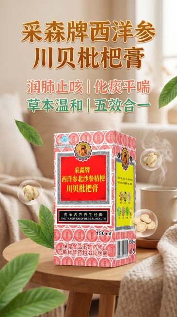 采森牌西洋参北沙参桔梗川贝枇杷膏竖版宣传海报，突出产品包装盒，主标题“采森牌西洋参川贝枇杷膏”醒目突出，标注核心卖点：润肺止咳 | 化痰平喘 | 草本温和 | 五效合一，营造温暖治愈的居家养护氛围，添预览效果