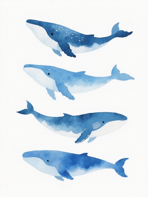 水彩风格插画，四只不同品种的鲸鱼，每只鲸鱼具有独特外观特征，整体呈蓝白渐变色调，带有水彩特有的透明晕染质感和自然笔触，白色纯净背景，四只鲸鱼排列整齐，姿态优雅，保持一致的艺术风格和光影效果，画面简洁明快，富有童趣和海洋氛围。预览效果