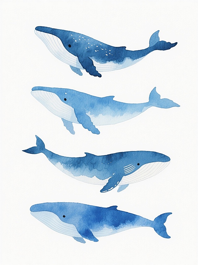 水彩风格插画，四只不同品种的鲸鱼，每只鲸鱼具有独特外观特征，整体呈蓝白渐变色调，带有水彩特有的透明晕染质感和自然笔触，白色纯净背景，四只鲸鱼排列整齐，姿态优雅，保持一致的艺术风格和光影效果，画面简洁明快，富有童趣和海洋氛围。