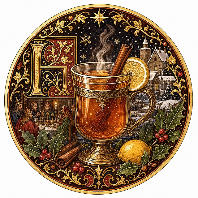 Christmas sticker, medieval illuminated manuscript style, a Christmas hot toddy drink with cinnamon stick and lemon slice, warm winter beverage, circular composition 800x800, warm amber and gold and deep brown colors, medieval feast drink style, isolated on clean white background, e-commerce sticker design, high detail