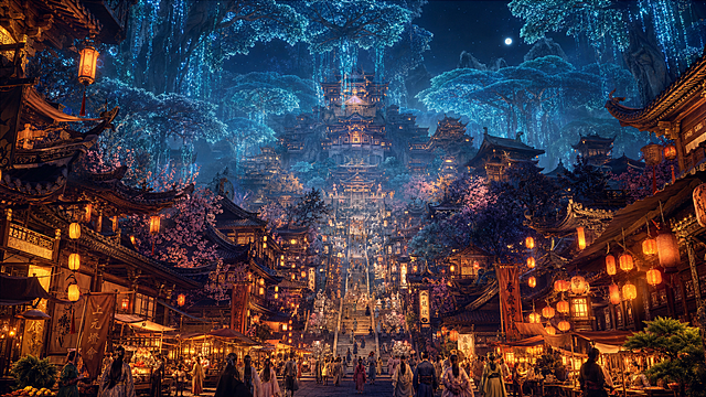 上古东方萤光伞树仙城秘境，月夜下的千年盛景，史诗级中式美学场景，极繁主义细节，极致多层级空间深邃纵深感，兼具奇幻仙气与市井烟火气，对称纵深构图，以步道与山巅楼阁为引导线，强化从近景市井到远景穹顶萤光树的多层级空间延伸感，打造“伞树穹顶仙城”的奇幻透视效果，画面中央的巨型石阶步道，从近景一直延伸至山巅，步道两侧分布着摊位与古装人群，灯火通明，尽显热闹的市井氛围；步道尽头的山巅楼阁层叠而上，飞檐翘角，暖黄灯火从窗棂透出，与粉樱相映成趣，画面两侧的中式古建群，飞檐翘角、雕梁画栋，暖黄灯火与灯笼点缀其间，与粉樱、绿植融为一体；古建上方的巨型伞状萤光树缀满穹顶，幽蓝藤蔓垂落，形成梦幻的萤光穹顶，深邃的墨蓝夜空，萤光伞树与藤蔓向远方延伸，形成层层叠叠的奇幻穹顶，通过步道的对称延伸、萤光树的穹顶框景、光影的冷暖对比，极致放大场景的奇幻深邃感与浪漫氛围，古建的飞檐斗拱、雕花窗棂、木质廊柱与石阶、灯笼的纹理与光晕，山巅楼阁的层叠结构，细节可放大赏析，萤光伞树的朦胧光晕、幽蓝藤蔓的垂落效果、粉樱的花瓣层次、古装人群的服饰褶皱与动态、摊位的烟火气，微观层次饱满，采用“近暖远冷、中心对称”的光影逻辑，近景市井灯火暖黄明亮，中景古建灯火在夜色中朦胧柔和，远景萤光伞树与藤蔓泛着冷调幽蓝光晕，通过明暗对比与虚实渐变强化奇幻深邃感，整体光影层次丰富，氛围感拉满，建筑的木质温润质感、萤光伞树的朦胧流动感、藤蔓的垂坠轻盈感、粉樱的花瓣轻盈感，8K超写实渲染，极致细节质感，中式仙侠美学，国风奇幻史诗，极繁主义构图，秩序井然的元素堆叠，通过对称空间与光影打造极致奇幻深邃感，UE5渲染，8K超清，电影级调色，景深效果，HDR，ultra realistic, epic cinematic，没有西方建筑元素、现代科技、畸形结构、模糊纹理、杂乱色彩、过曝/死黑区域，没有人物畸形肢体，没有破坏空间纵深感的平面化构图