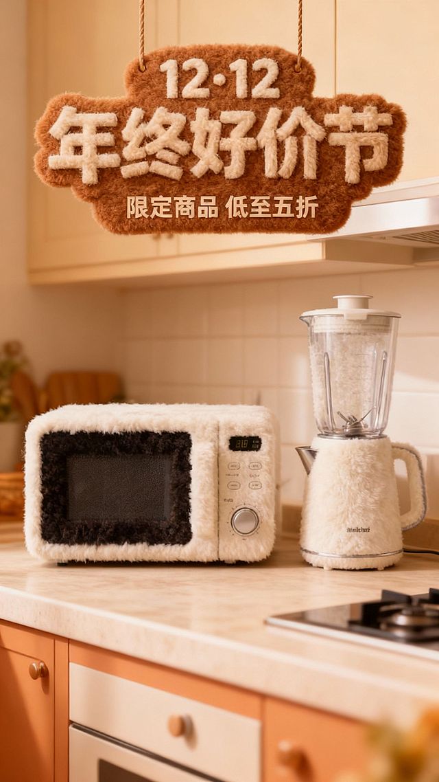 将图示商品变成毛绒绒质感，还原商品颜色细节。将商品放在暖色温馨的厨房操作台上，画面上方棕色毛绒艺术字牌“12·12 年终好价节”“限定商品 低至五折”装饰。