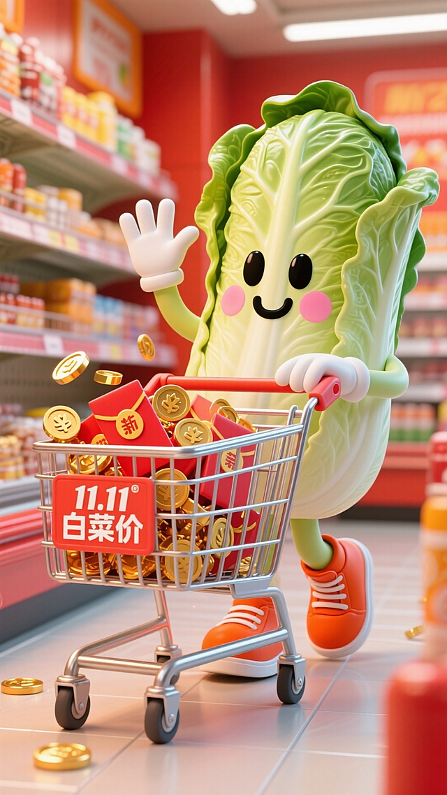 中心是一只拟人化的白菜，绘有黑色小眼睛、微笑和粉红腮红，白手套，橘红色的鞋子。它在一只手招手，另一手推着购物车。购物车里面有很多红包和金币，有一些已经溢出来了，购物车上面写着“11.11白菜价”。主色调为红色，橙色和黄色。在超市里。